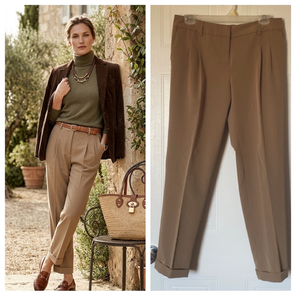 Tan Tailored Trousers M Classic Preppy Workwear Neutral Capsule Pants Pleated